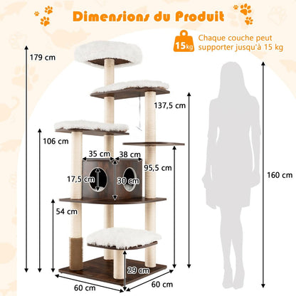 Arbre À Chat Avec Plateformes Et Colonnes En Sisal Griffoir Pour Chat Géant De Hauteur 175 Cm Café/Beige