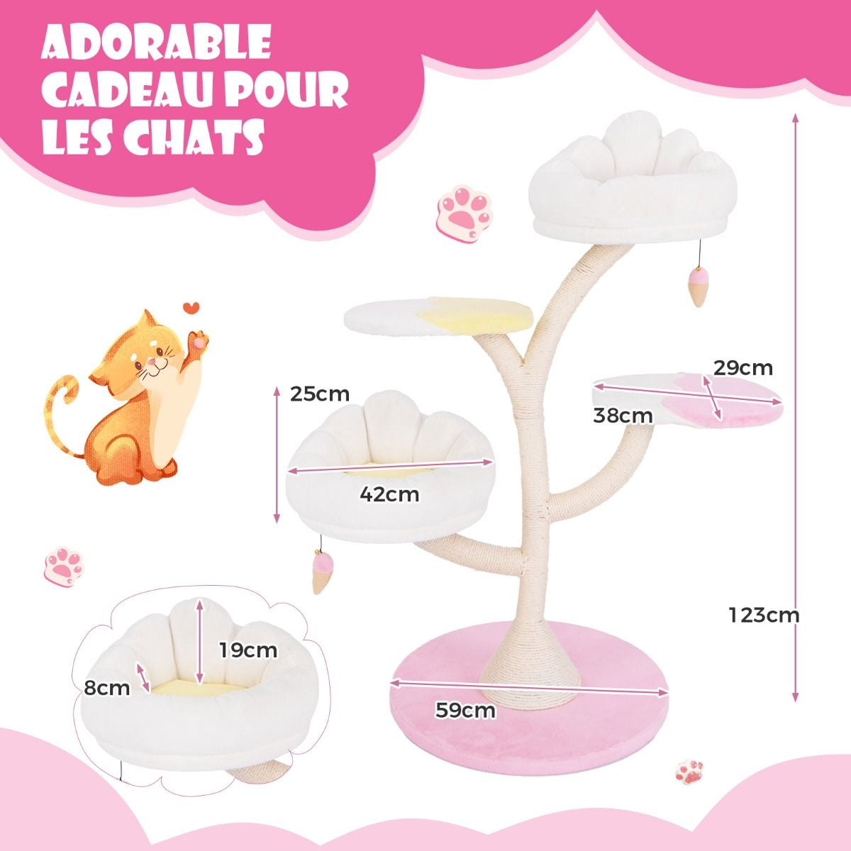 Arbre À Chat Multicouche Tour À Chat Mignonne Avec 2 Perchoirs 2 Plateformes Balles Suspendues Griffoir En Sisal Centre D'Activités Rose