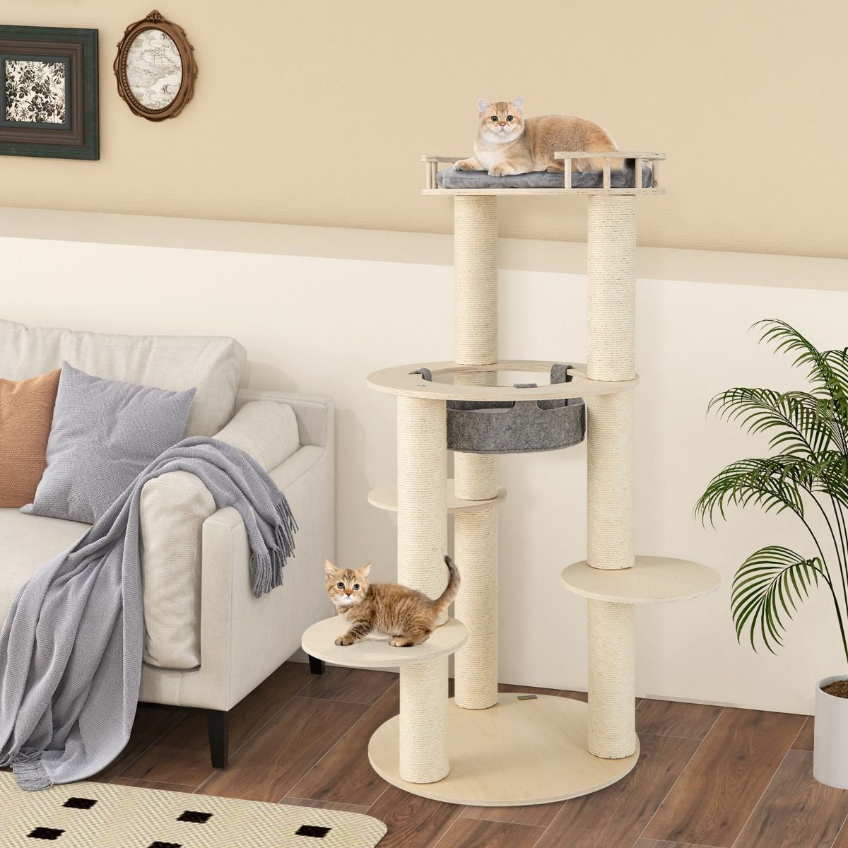 Arbre À Chat En Bois À 6 Niveaux Tour À Chat Avec Perchoir Rembourré Hamac Griffoirs En Sisal Entièrement Enveloppés 3 Plates-Formes Gris