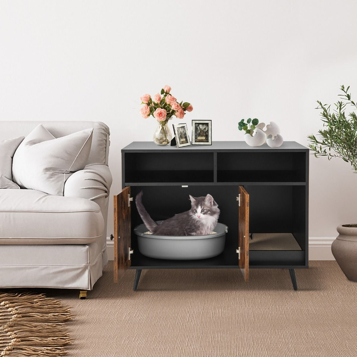 Maison De Toilette Pour Chat Industriel Avec Griffoir 90X50X70Cm Meuble À Litière Avec 2 Portes Dispositif Anti-Basculement