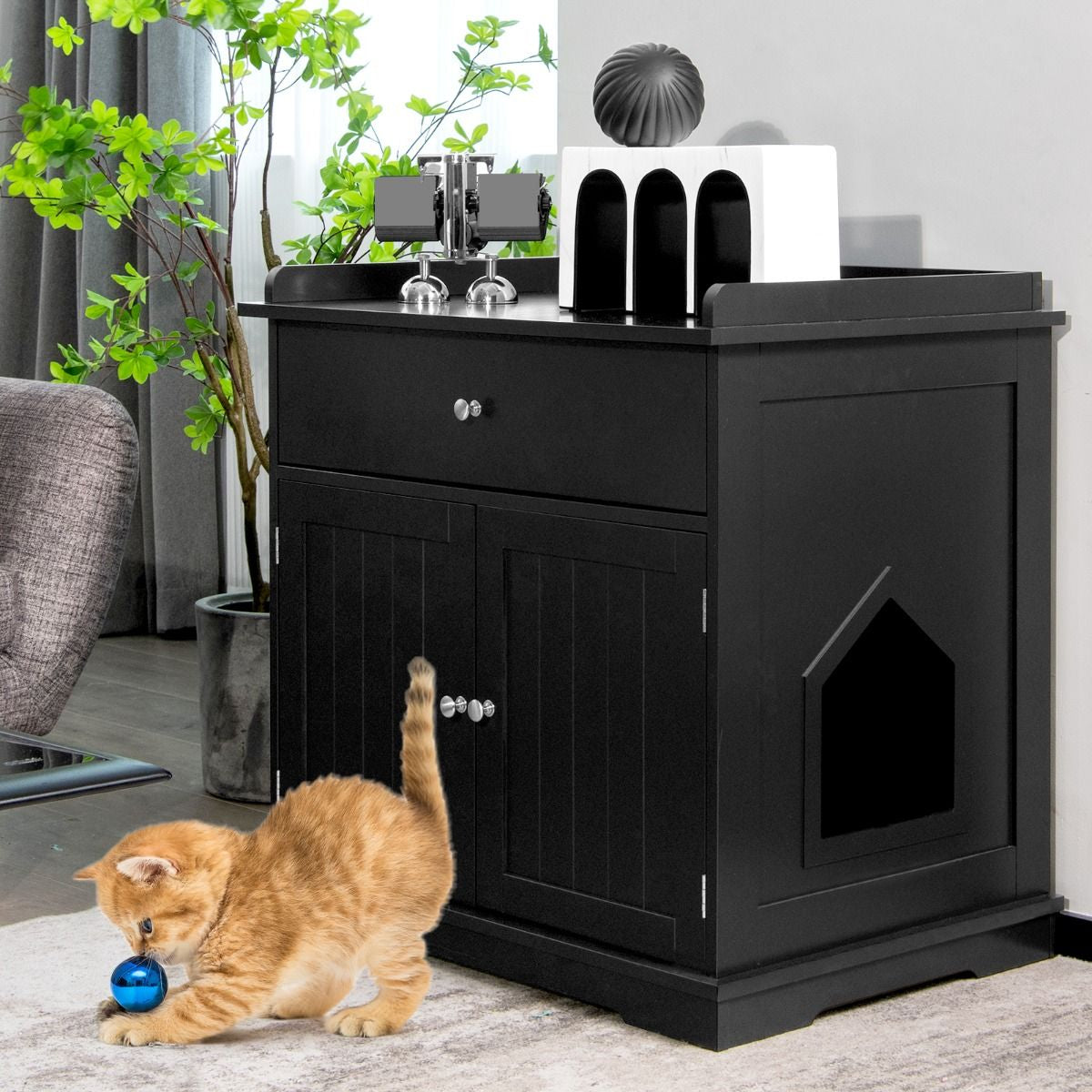 Enceinte De Bac À Litière Pour Chat Meubles De Toilette Cachés Pour Chat Avec Tiroir Et 2 Portes Table D'Appoint Pour Chat Noir