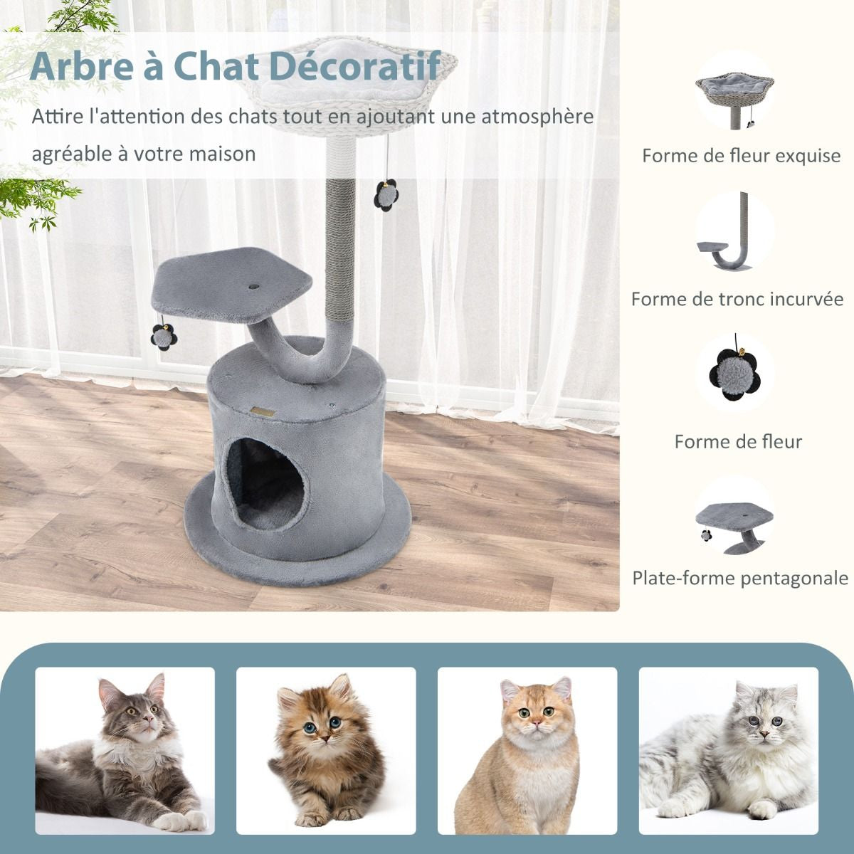 Arbre À Chat 106 CM Perchoir Condo Et 2 Balles Suspendues Tour À Chat Poteaux De Soutien En Métal Et Coussin Amovible Gris