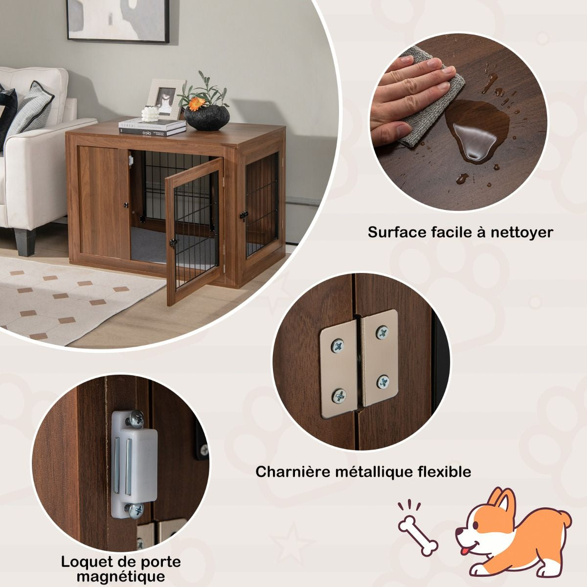 Cage Pour Chien Animaux Avec 2 Portes Verrouillables Coussin En Lin Style Industriel Meuble Caisse Pour Chien 92X59X66,5 CM Noyer