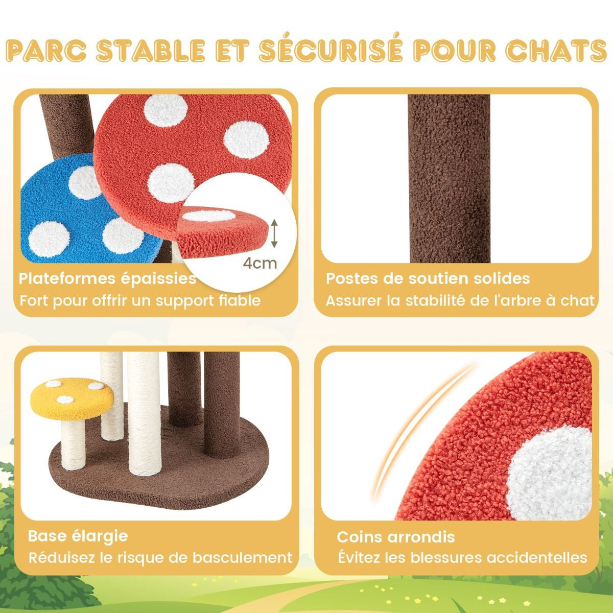 Arbre À Chat 3 En 1 Tour À Chat 5 Niveaux 3 Poteaux Entièrement Enveloppés De Sisal Tapis Et Plates-Formes Amovibles Motifs Champignons Coloré
