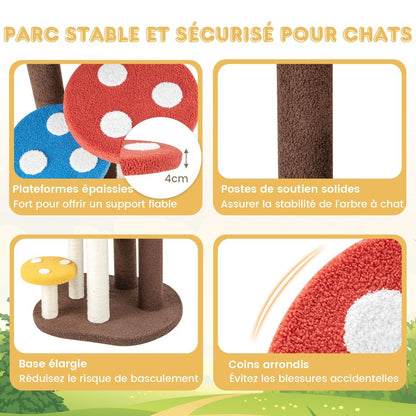 Arbre À Chat 3 En 1 Tour À Chat 5 Niveaux 3 Poteaux Entièrement Enveloppés De Sisal Tapis Et Plates-Formes Amovibles Motifs Champignons Coloré