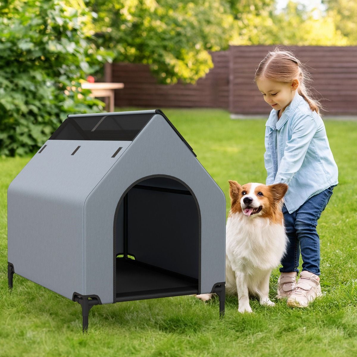 Niche Surélevée De 91 Cm Pour Petits Chiens Fenêtre Ventilée Housse Amovible Intérieur Extérieur Lit Pour Animaux De Compagnie Gris