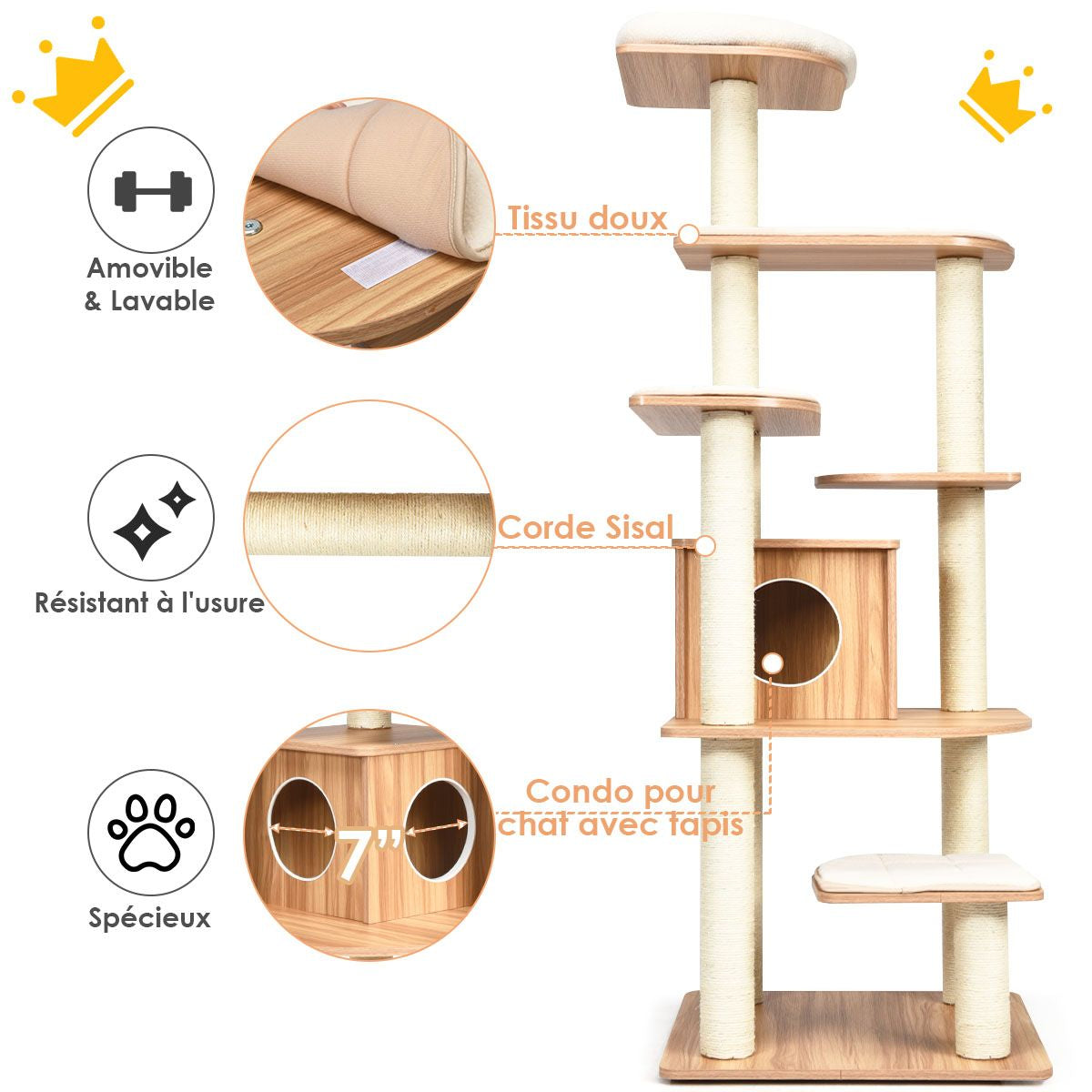 Arbre À Chat Avec Plateformes Et Colonnes En Sisal Griffoir Pour Chat Géant De Hauteur 175 Cm Café/Beige