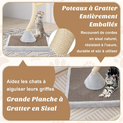 Arbre À Chat 178 CM Avec Cadre En Métal Incurvé Tour À Chat Avec 3 Balles Suspendues 3 Perchoirs Griffoir En Sisal Gris/Beige