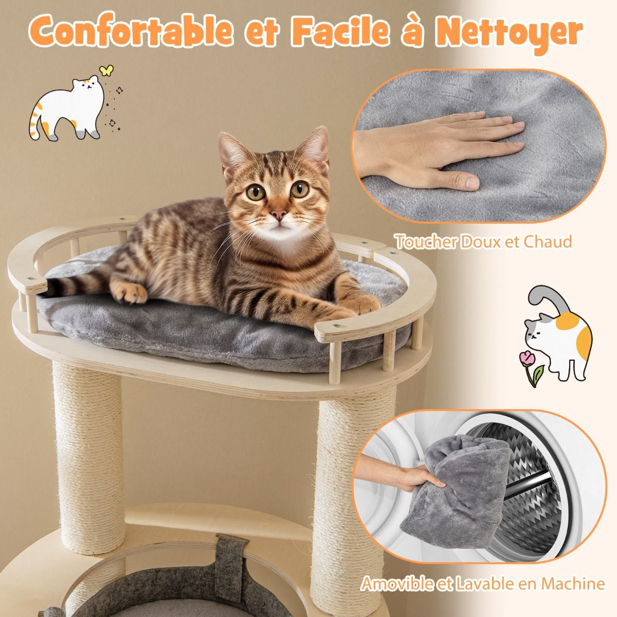 Arbre À Chat En Bois À 6 Niveaux Tour À Chat Avec Perchoir Rembourré Hamac Griffoirs En Sisal Entièrement Enveloppés 3 Plates-Formes Gris