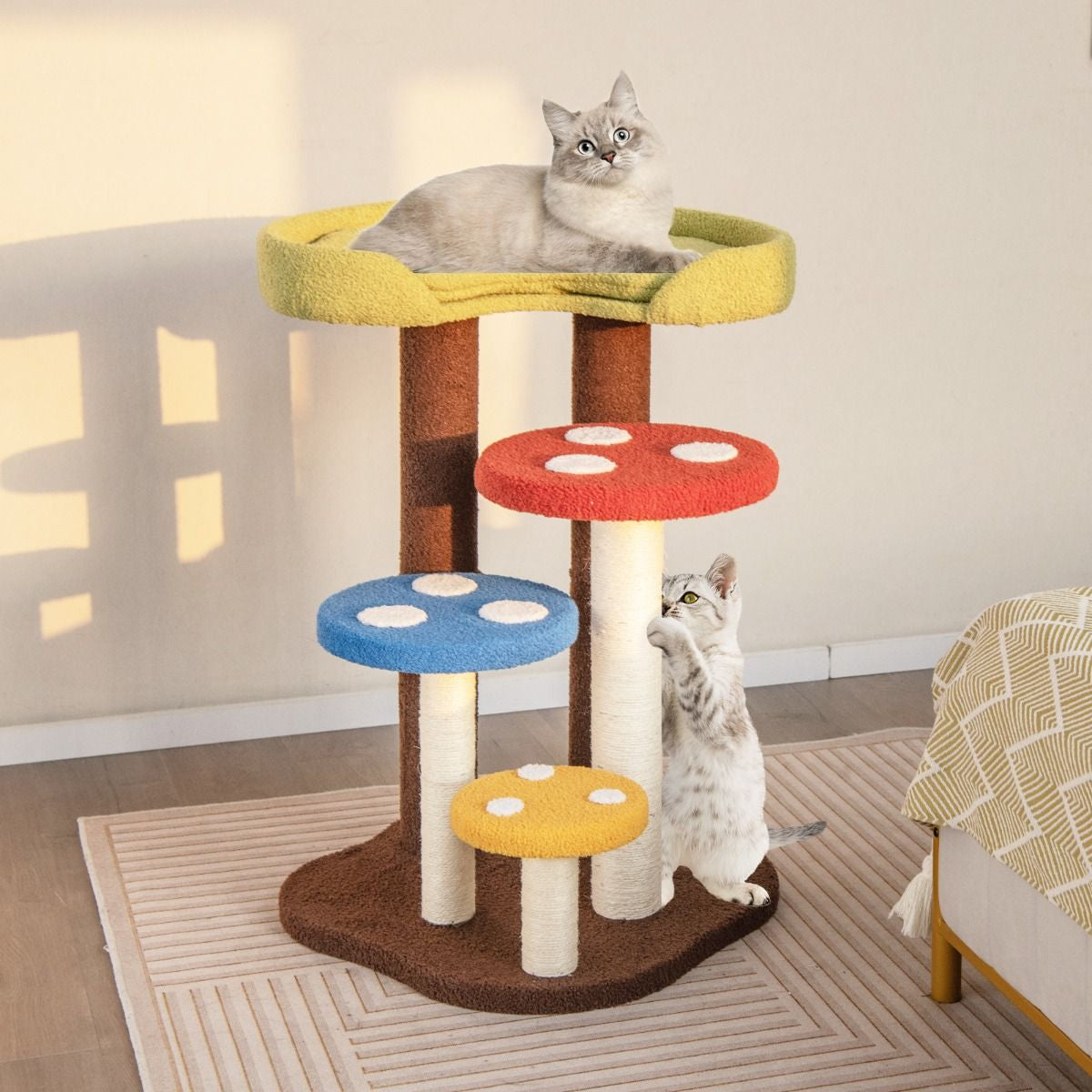 Arbre À Chat 3 En 1 Tour À Chat 5 Niveaux 3 Poteaux Entièrement Enveloppés De Sisal Tapis Et Plates-Formes Amovibles Motifs Champignons Coloré