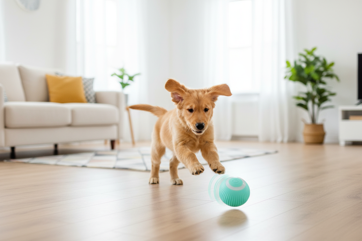 Golden retriever joue balle automatique